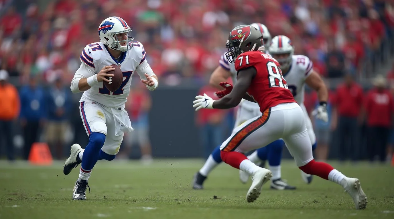 Buffalo Bills quarterback Josh Allen (17) scrambles against the Tampa Bay Buccaneers during the first half of the game at Highmark Stadium. Sign up with the DraftKings promo code to bet on Buffalo Bills vs. Houston Texans.